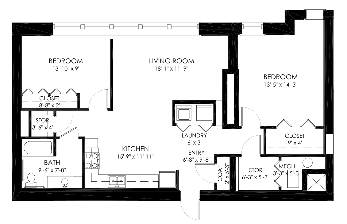 Floor plan for 2 beds, 1 bath, 1015 sqft